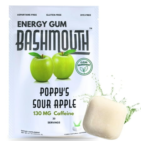 Bashmouth Energizing Gum, 130 MG Per Piece All-Natural Energy Boost, Fresh Breath, No Dyes, No Aspartame, 15 Packs 75 Servings (Sour Apple)