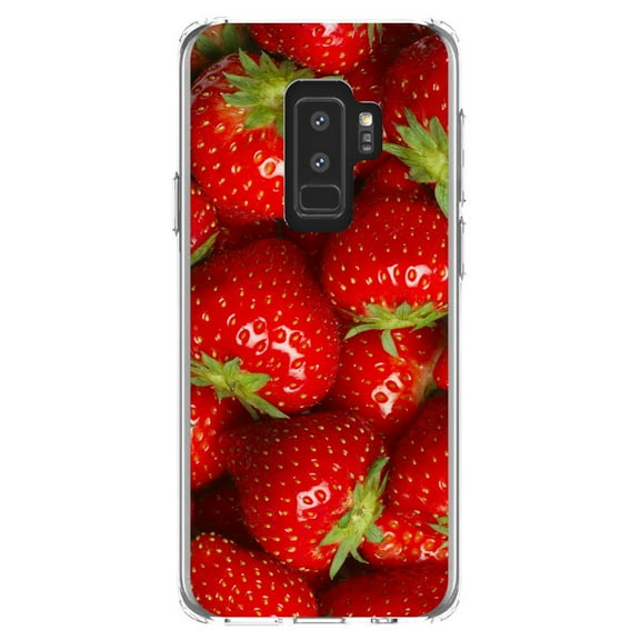 DistinctInk Clear Shockproof Hybrid Case for Samsung Galaxy S9  PLUS (6.2" Screen) - TPU Bumper, Acrylic Back, Tempered Glass Screen Protector - Bright Red Strawberries