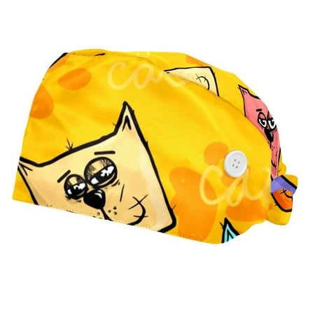 

2PCS Working Cap with Buttons and Sweatband Adjustable Tie Back Hats Bouffant Caps Cat Scrub Turban Hat