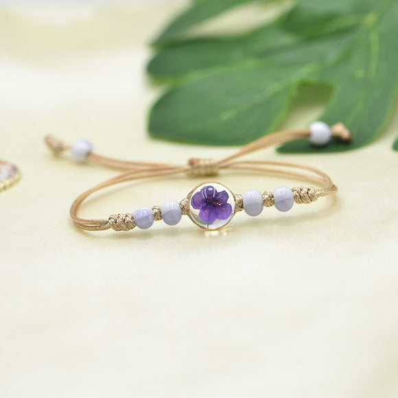 Bracelet Fait à la Main Ajustable en Dentelle Tressée avec Perles de Verre et Fleurs Séchées pour Femmes, Accessoire de Bijoux Élégant Bohème Décoré de Céramique