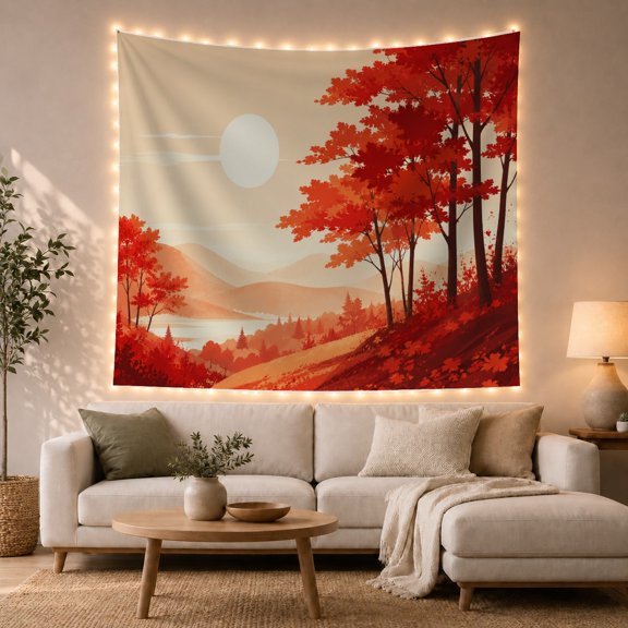 Tall Orange Trees in a Hazy Mountain Valley with Water, Dreamy Illustration for Nature Lovers, Scenic Autumn Wall Art, Housewarming Gift, Tapestry Wall Hanging for Living Room and Bedroom