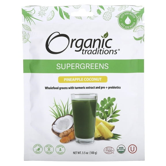 Organic Traditions Supergreens, Pineapple Coconut, 3.5 oz (100 g)