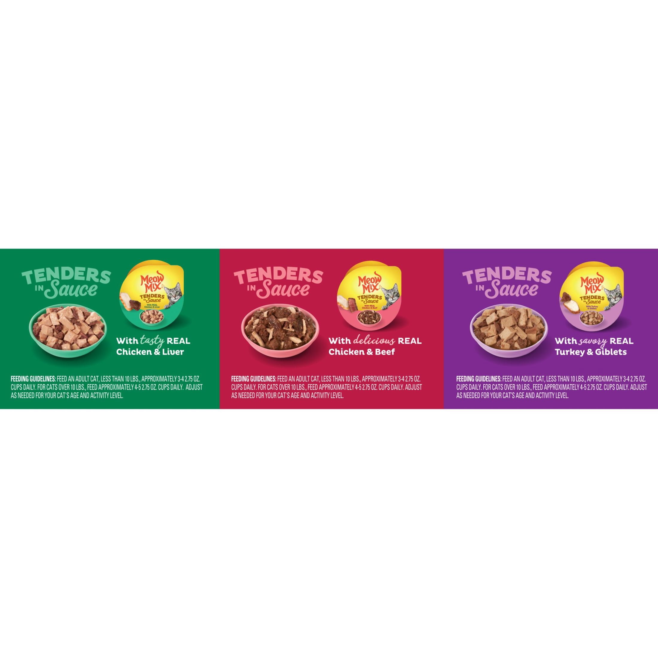 (24 pack) Meow Mix Tenders in Sauce Wet Cat Food Variety Pack With Poultry & Beef Favorites, 24 Cups, 2.75 oz Each