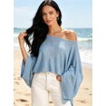 thumbnail image 4 of LMLYSoH Women's Summer Knit Poncho Solid Color Boat Neck Loose Fit Draped Bat Sleeve Pullover Trendy Tops Streetwear, 4 of 9