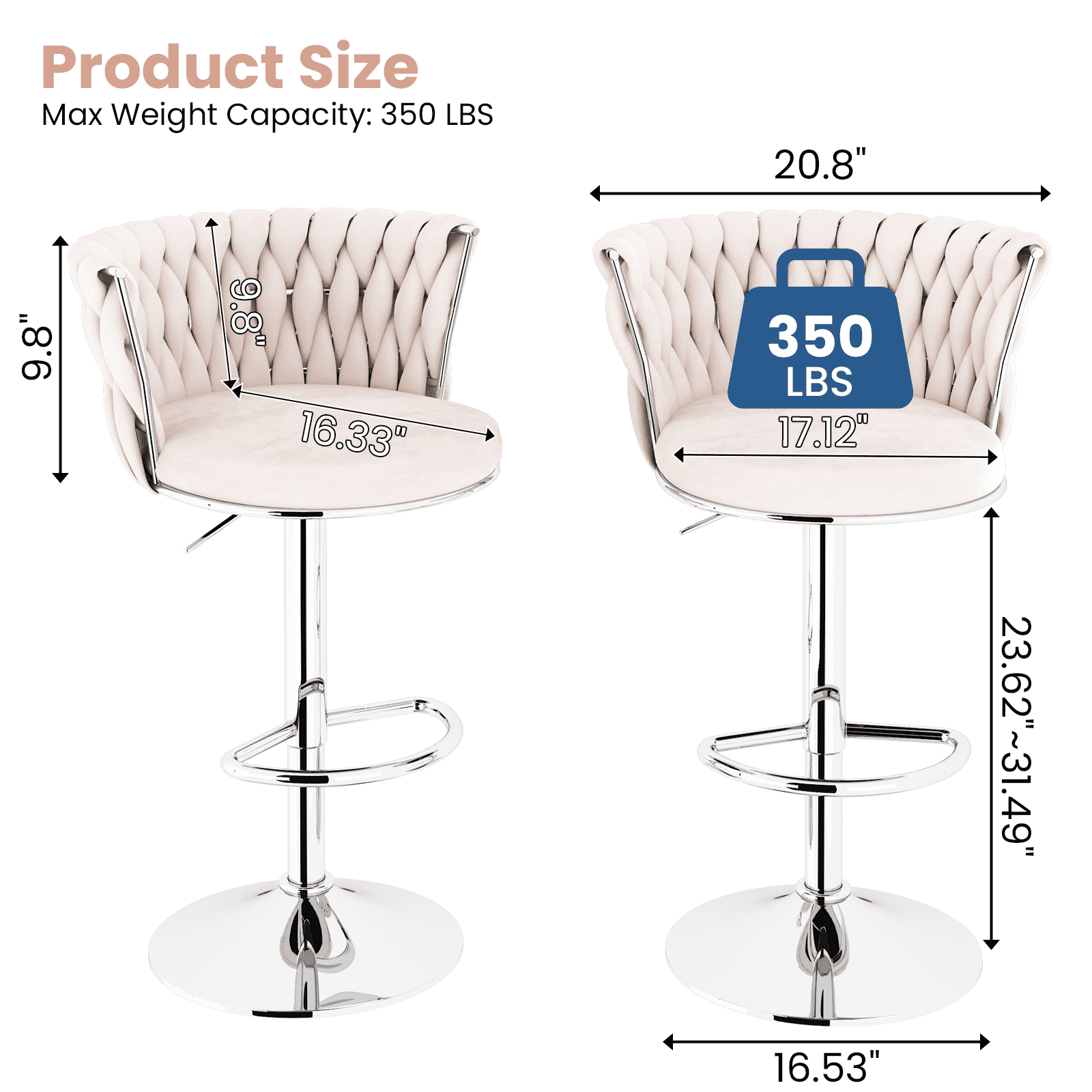AWQM Swivel Bar Stools Set of 4, Velvet Upholstered Kitchen Island Chairs, Bar Chairs Adjustable Counter Stool, Counter Height Barstools Bar Chairs,Pub Stools with Back & Footrest, Beige