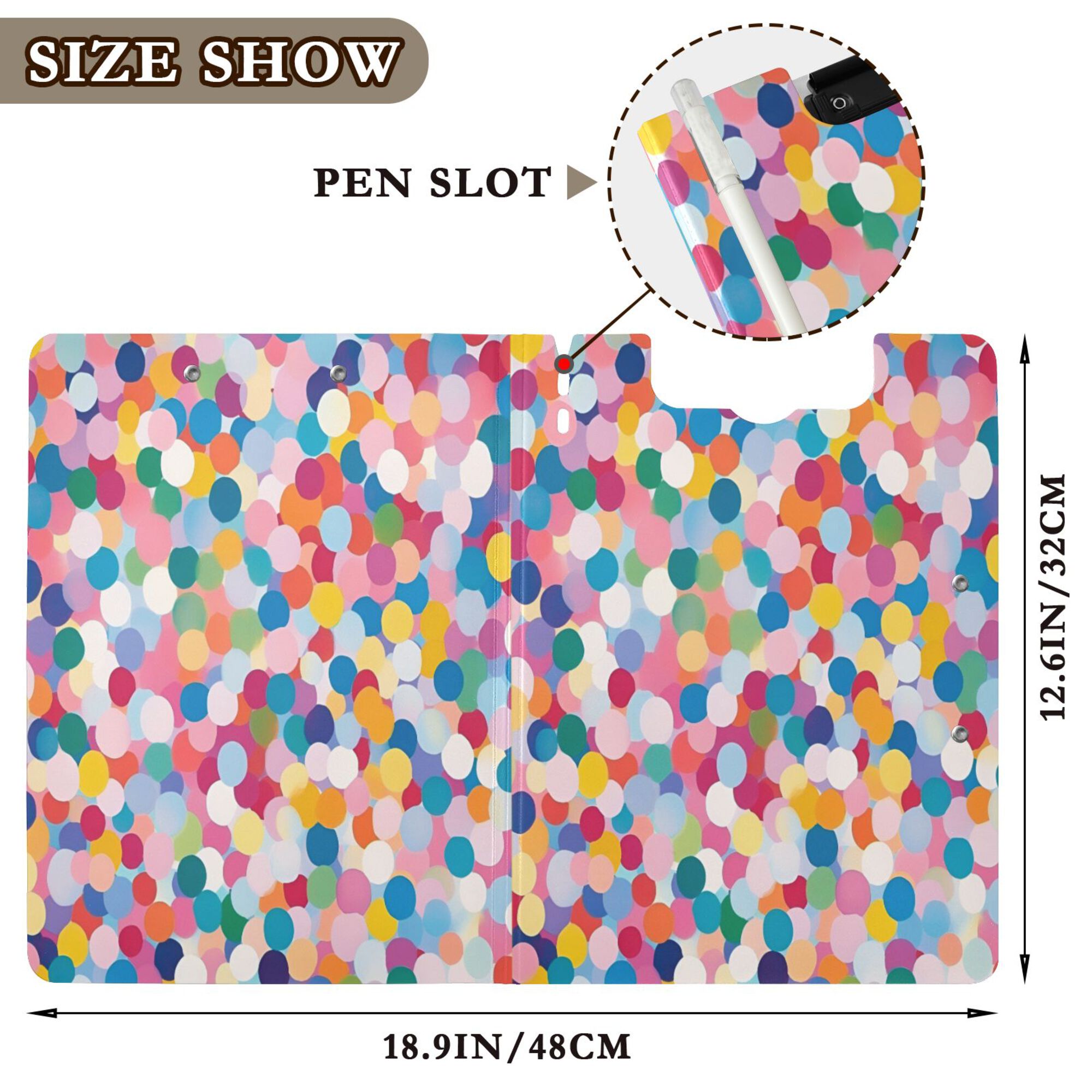 FORMRS A4 Clipboard Folder with Pen Holder Horizontal Foldable School Office Binder, Yellow Colorful Circles