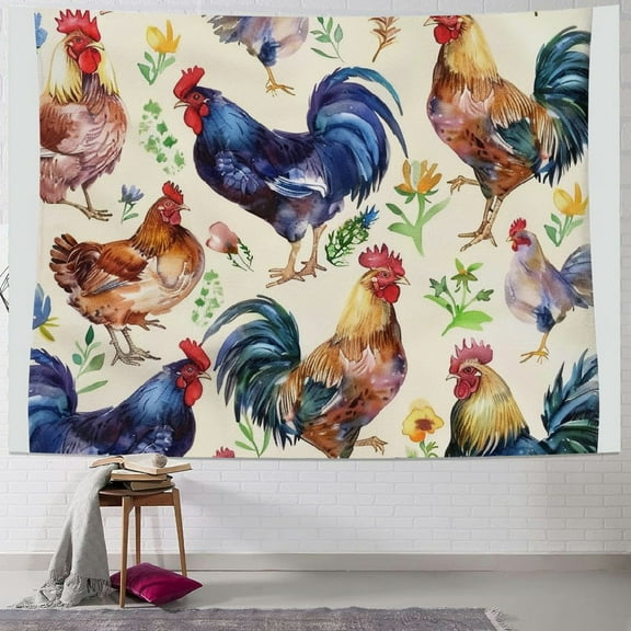 BCIIG Chickens Rooster Watercolor Painting Tapestry Wall Hanging Unique Style for Home Decor, Soft Lightweight Fabric with Vivid Colors, 4 Sizes Available 40x30inch