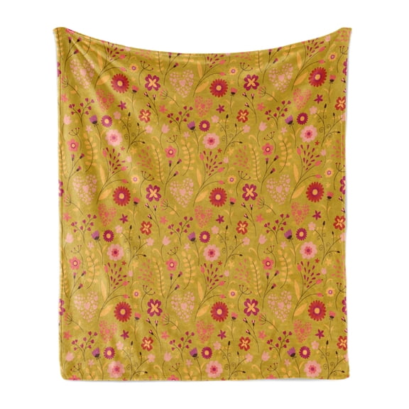 Flower Soft Flannel Fleece Throw Blanket, Flowers Pattern with Heart Shapes and Blossoming Foliage Leaves Colorful Spring, Cozy Plush for Indoor and Outdoor Use, 70" x 90", Multicolor, by Ambesonne