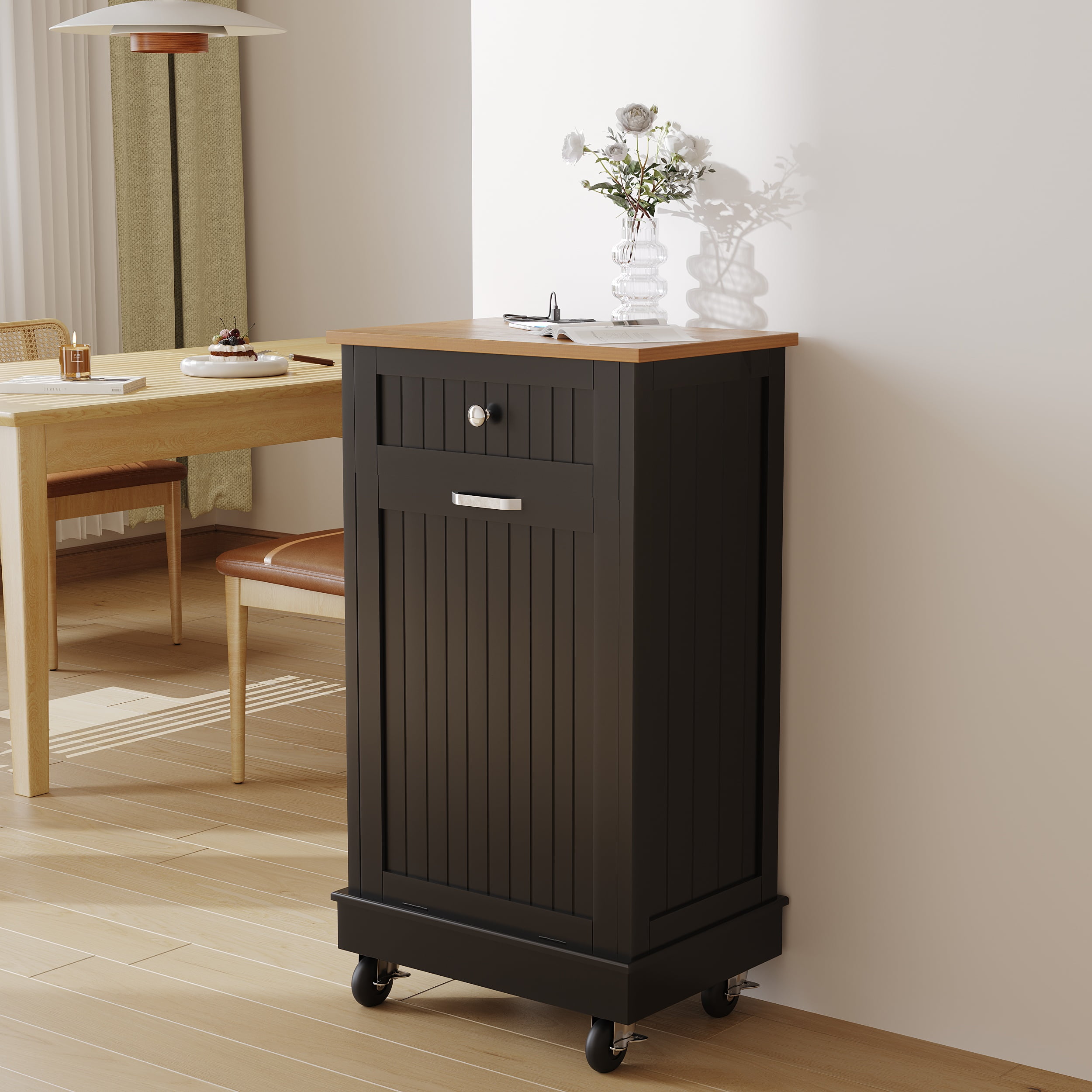 JassmiPkwy Trash Cabinet Tilt-Out,10 Gallon Farmhouse Laundry Hamper Cabinet w/1 Drawers,Hidden Wooden Trash Can Cabinets with Storage Basket for Kitchen-Balck