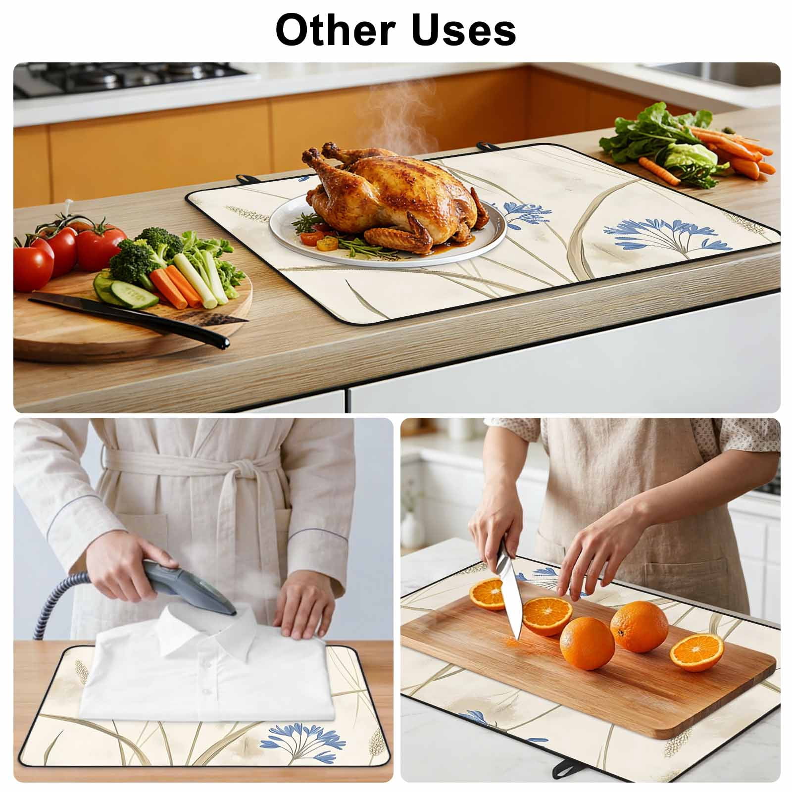 Blue Floral Botanical Spring Stove Top Cover for Electric Stove, Heat-proof & Non Slip Glass Top Stove Cover Protector, Farmhouse Beige Flowers Kitchen Flat Cooktop Rubber Mat 24x21 Inches