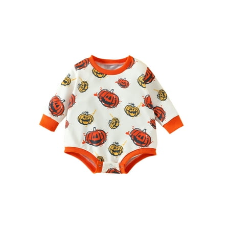 

Infant Baby Halloween Romper Smiley Pumpkin Print Round Neck Long Sleeve Bodysuit for Girls Boys