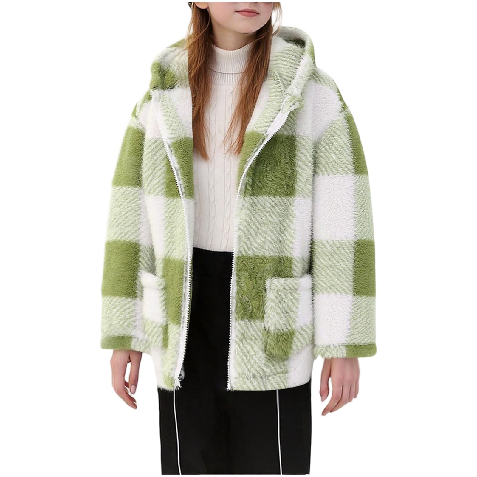 Xdegoge Girls Fleece Sherpa Jacket Plaid Fuzzy Zip Up Long Sleeve Hoodie Teen Thermal Loose Cozy Hooded Coats Tween 2025 Winter Thick Warm Outerwear With Pockets Age 8-14 Years