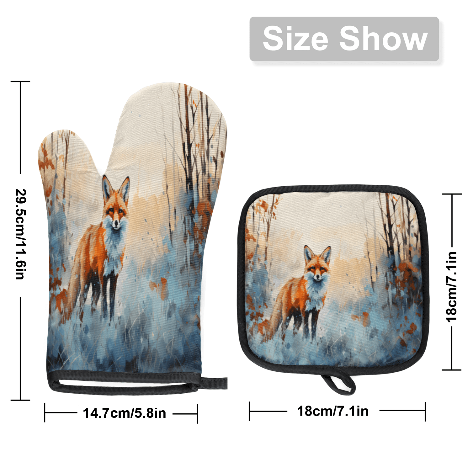 CURLYOOT Watercolor Fox Oven Mitts and Pot Holders Sets of 2, Non-Slip Washable Hot Pads and Oven Gloves for Kitchen Cooking Baking