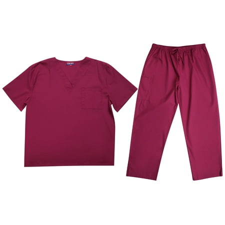 

Tropi Mens Scrub Sets - Four Pocket Medical Scrubs Uniform (V-Neck with Cargo Pant) (Wine 3X-Large)