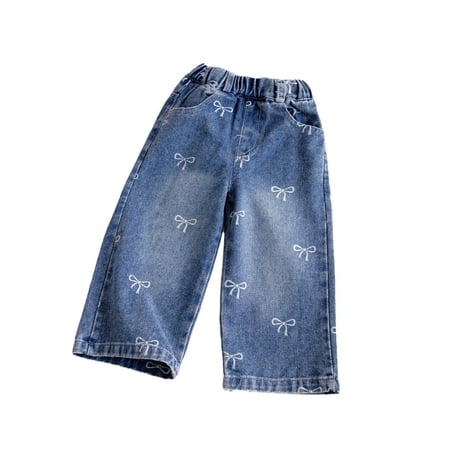 Girls Baggy Jeans Casual High Waisted Wide Leg Bow Print Jeans Back To School Clothes Cute Pants for Girls Size 1-6 Years