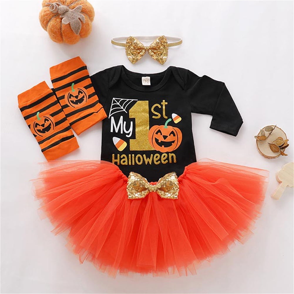 Kids Baby Girls Pumpkin Outfit Dress Halloween Party Casual Costume Tutu Skirt 