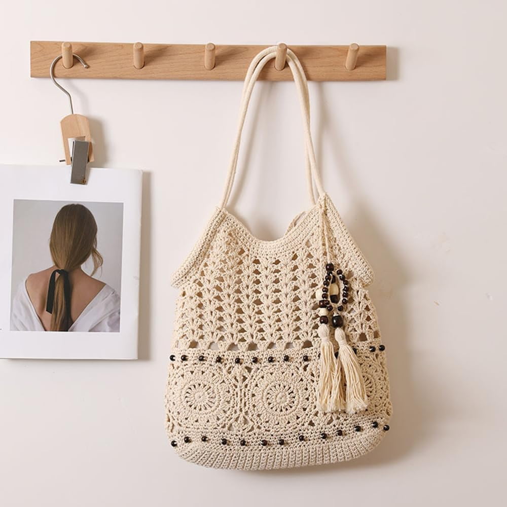 Crochet Hobo Bag for Women Boho Woven Tote Bag Summer Vacation Beach Handbags Bohemian Shoulder Purse with Tassels