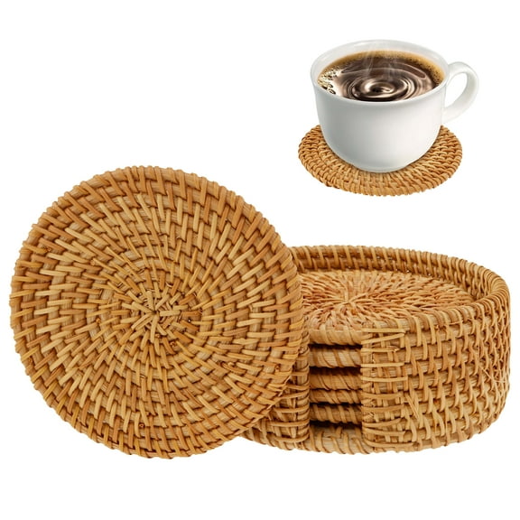 Austok 6Pcs Rattan Coasters Heat Resistant Round Straw Trivet Exquisite Wicker Coasters Set Versatile Woven Coasters Bohemian Style Coasters Handmade Woven Coasters for Teacups