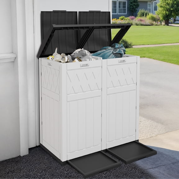 Uforic 62 Gallon Double Compartment Outdoor Trash Can, Waterproof Resin Garbage Bin with Tiered Lid & Drip Tray for Patio, Deck, Backyard, White