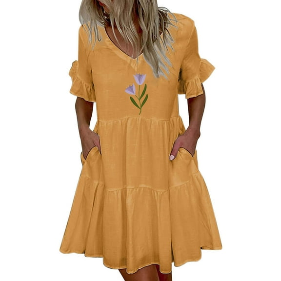 Wycnly Womens Dresses Elastic Waist Casual Pocket Flowy Ruffle Swing Beach Dresses Short Sleeve V-Neck Flower Print Mini Summer Dress Yellow XXL Clothes