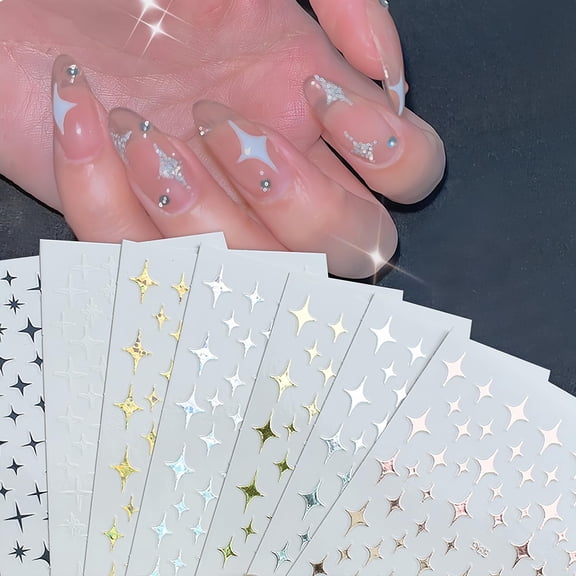 Sunsanly 4 Sheets Star Nail Art Stickers 3D Self-Adhesive Star Nail Decals Shiny White Black Gold Silver Stars Nail Sticker Designs Nail Art Supplies for Nail Tips DIY Manicure