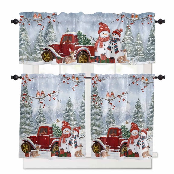 Christmas Xmas Kitchen Curtains and Valances Set, Tree Snowman Bird Snowflake Red Truck Rod Pocket Window Valance 18 Inch Window Curtain Panels for Living Room Bedroom Laundry, 27.5x24in, 3 Pieces