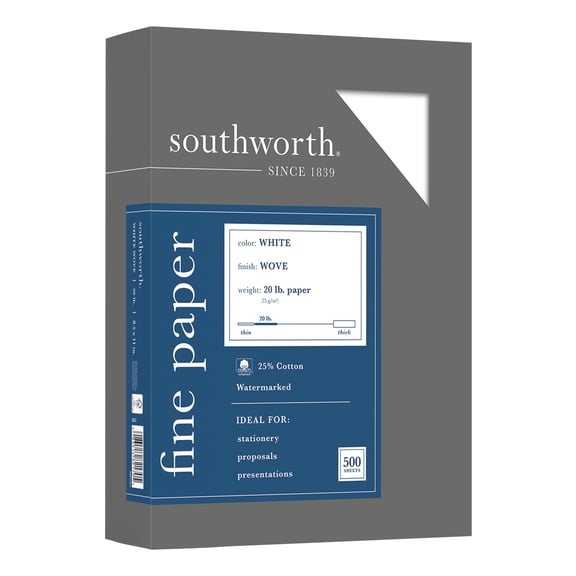 Southworth 25 Percent Cotton Fine Business Paper, 20 lbs, 8-1/2 x 11, 500/Box