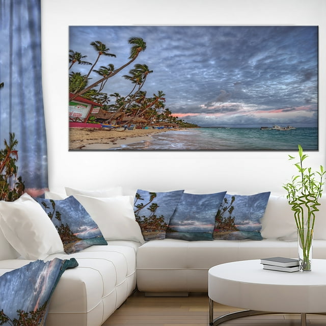 Long Palm Trees Bent to Beach - Seashore Canvas Art Print
