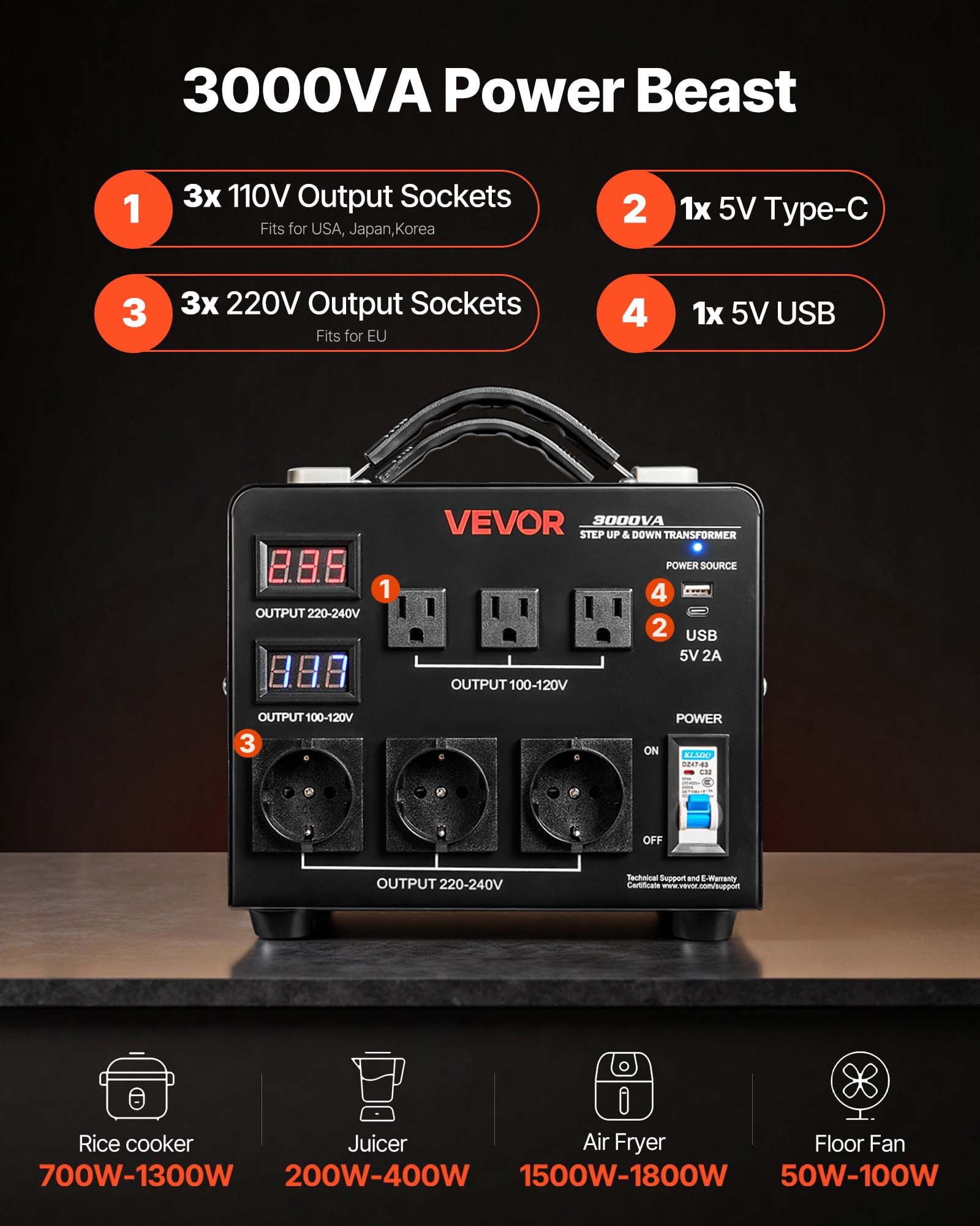 VEVOR Voltage Auto Converter Transformer, 3000W, Heavy Duty Step Up/Down Power Transformer, 110V to 220V and 220V to 110V, with 3 US Outlets, 3 EU Outlets, LCD Display, Circuit Breaker Protection
