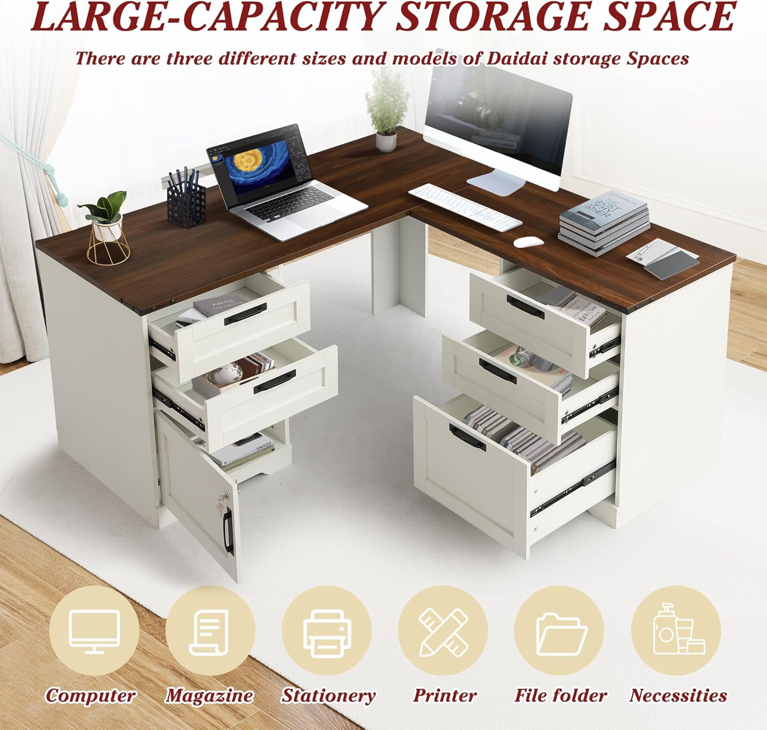 Grepatio 60" Farmhouse L Shaped Desk with Drawers, Executive Desk with Storage, Home Office Corner Desk with Charging Station, 2 Person Computer Writing Desks, Key Lock Filing Cabinet (Antique White)