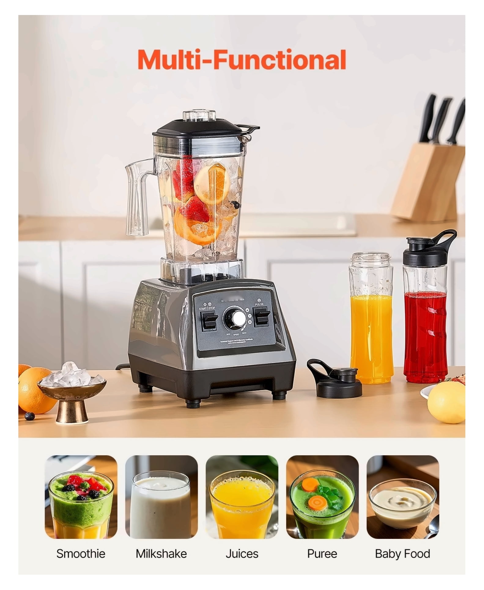 Blender for Smoothies, 1400W 61oz Professional Blender, Multi-Function Food Blender with 2 Cups for Shakes, Juice, Frozen Drinks - Kitchen Appliance