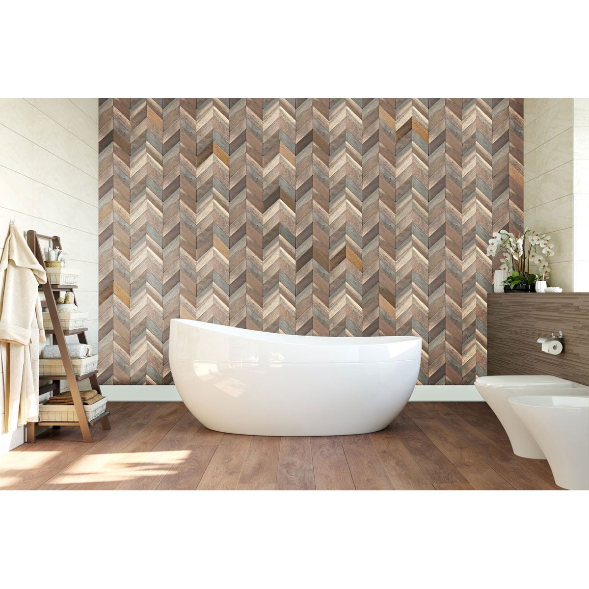 Ekena Millwork 11 7/8"W x 11 7/8"H x 3/8"P Chevron Boat Wood Mosaic Wall Tile, Natural Finish