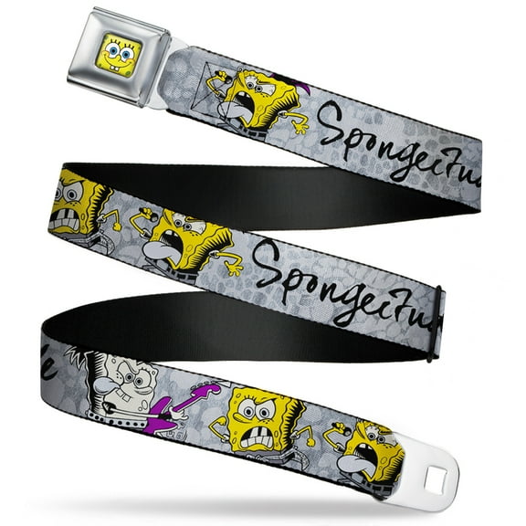 Nickelodeon Belt, Seatbelt Buckle Belt, SpongeBob Poses Spongeitude Grays Black, 30 to 44 Inches