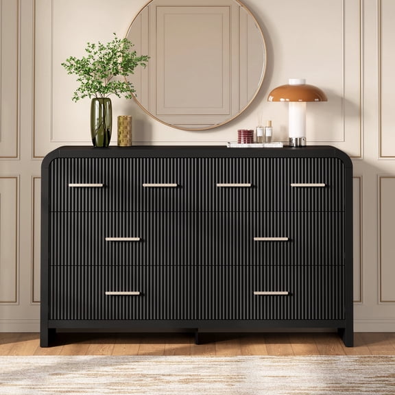 HUJAUU Fluted Dresser for Bedroom with 8 Drawers, 54" Wide Modern Chest of Drawers with Curved Edge, Large Storage Cabinet for Living Room, Black