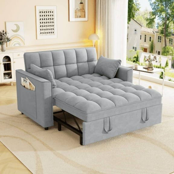 Sleeper Sofa Couch with Pull Out Bed, Modern Velvet Convertible Loveseat, Small 2-Seat Sofa Bed with Pillows & Side Pockets, Adjustable Backrest for Living Room, Apartment, Grey