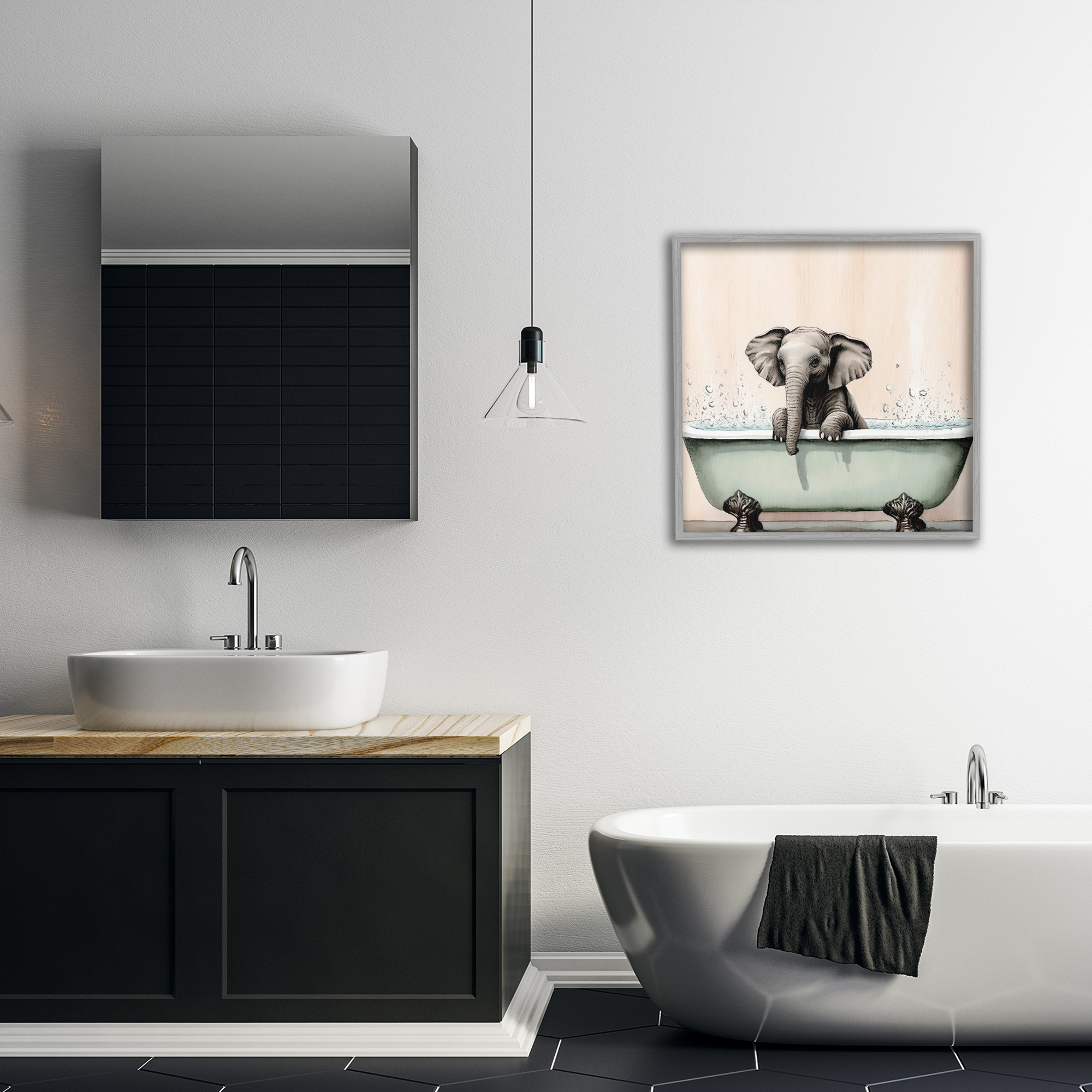 Baby Elephant Bathtime Gray Framed Giclee Art, design by Sasha