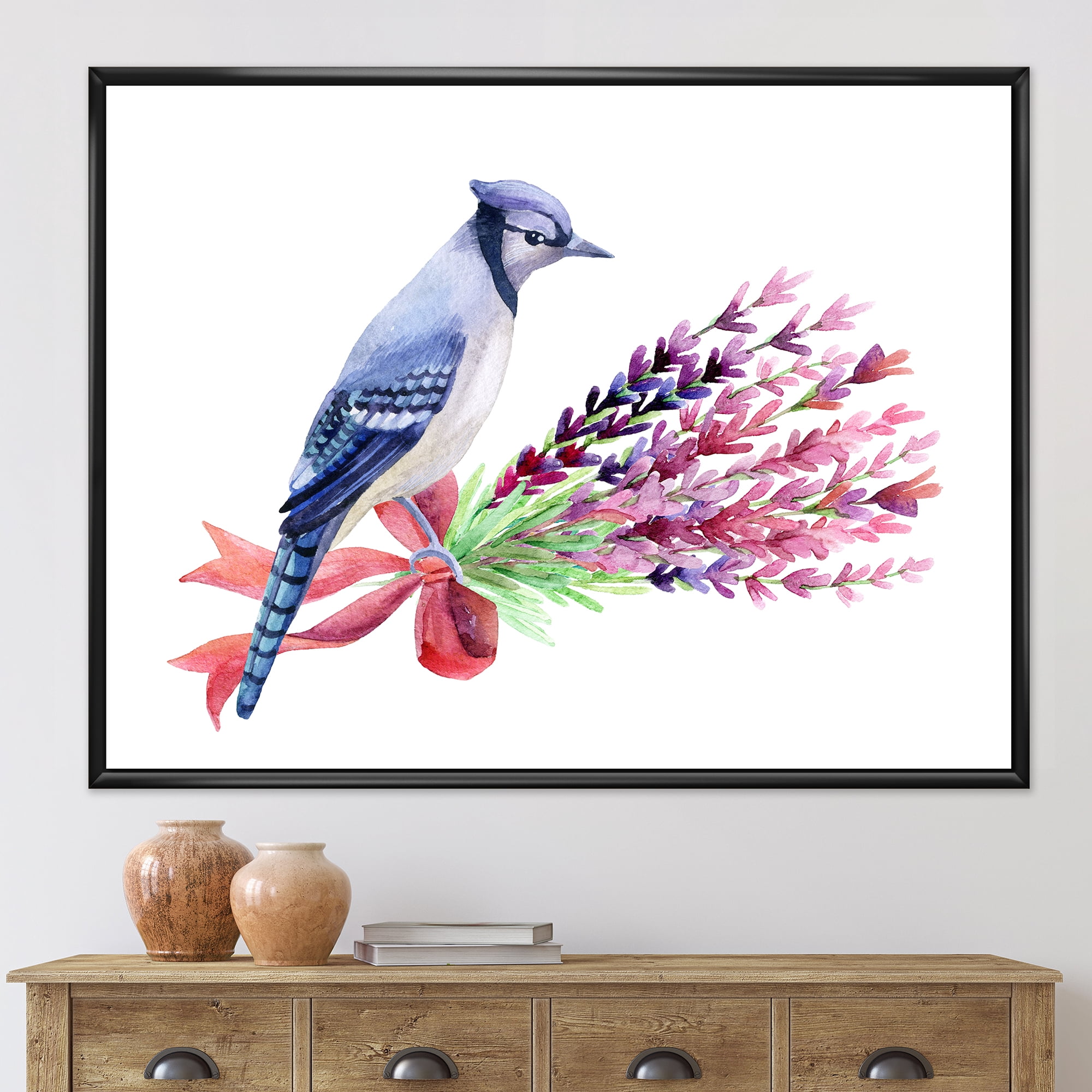 Designart 'Blue Jay Bird On Bouquet Of Pink Flowers' Traditional Framed Canvas Wall Art Print