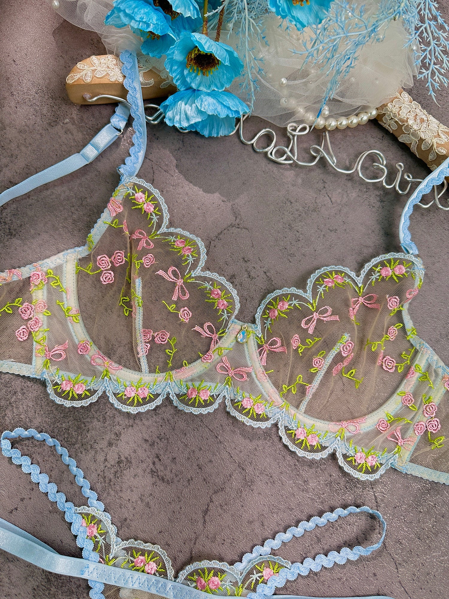 Light Blue Floral Lace Lingerie Set (BLUE, S)