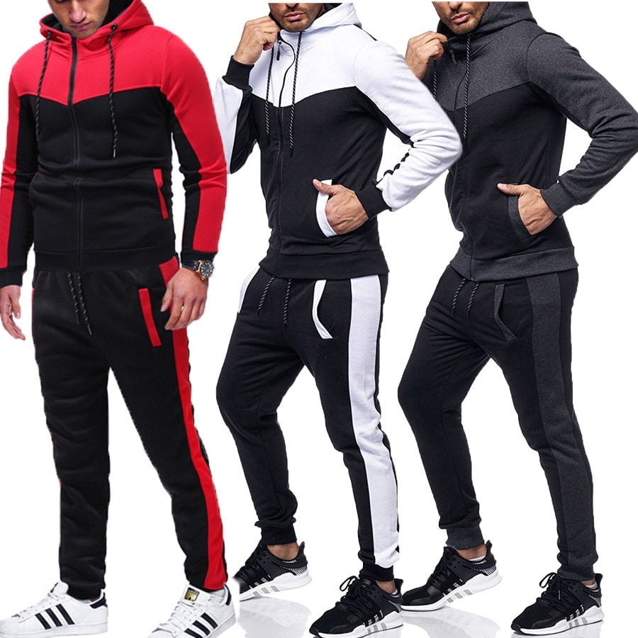 Mens Tracksuit Set Hoodie Top ; Bottoms Joggers Gym Zip Pockets Slim ...