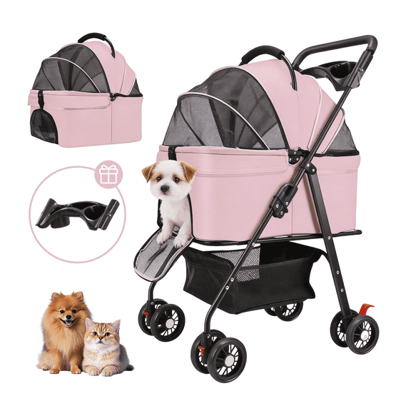 Wheelive 3-in-1 Pet Stroller & Car Seat with Detachable Carrier, 4-Wheel Foldable Design, Oxford Fabric, for Small Dogs & Cats up to 65lbs, Pink