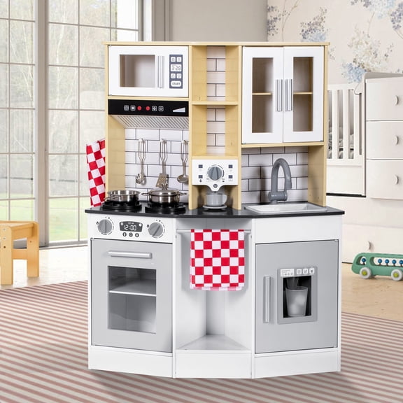 BRINJOY Kids Wooden Play Kitchen with Lights & Sounds, Interactive Pretend Cooking Set with Microwave, Oven, Sink & Apron, Gift for Ages 3