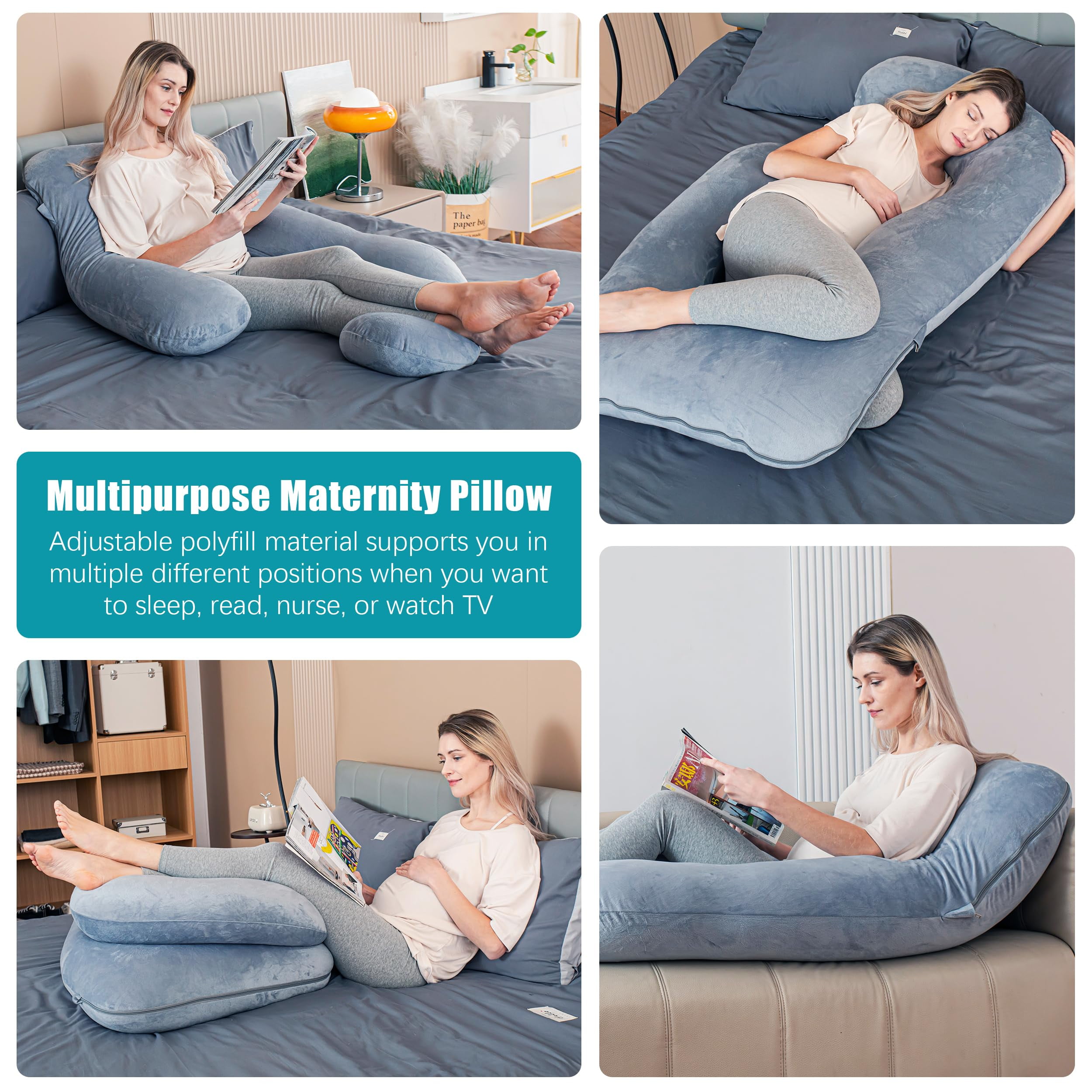 60-inch J-Shaped Pregnancy Pillow, Full Body Maternity Pillow for Side Sleepers, Soft Velvet Removable Washable Cover, Back Hip Leg Support