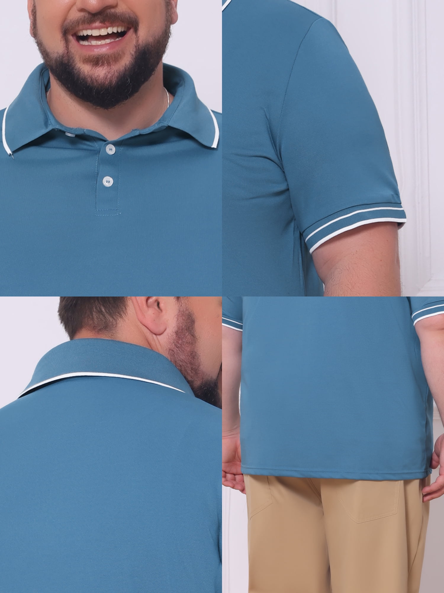 DARING DIVA Men's Big Tall Contrast Trim Short Sleeve Work Office Golf Shirts 6XL Blue