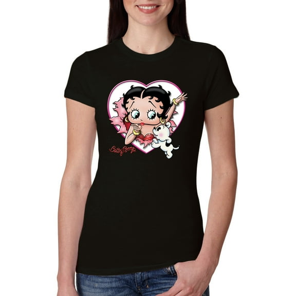 Wild Bobby, Betty Boop Heart Blowing Kiss Dog Betty Boop Womens Slim Fit Junior Tee, Black, Small