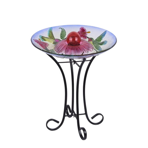 Bañera Solar Orb de cristal floral con forma de colibrí y soporte