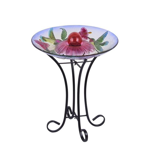Bañera Solar Orb de cristal floral con forma de colibrí y soporte