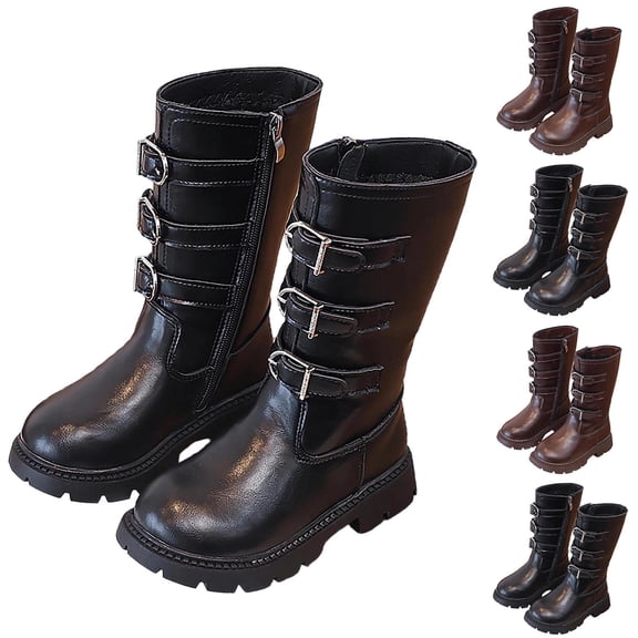 Girls Leather Riding Boots, Side Zipper Fashion Buckle Straps Combat Boots, Round Toe Chunky Heel Lug Sole Motorcycle Boots for Little Kids