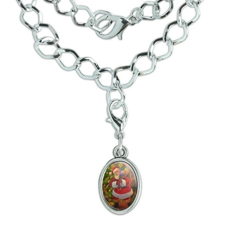 Christmas Holiday Santa's Home Visit Silver Plated Bracelet with Antiqued Oval Charm