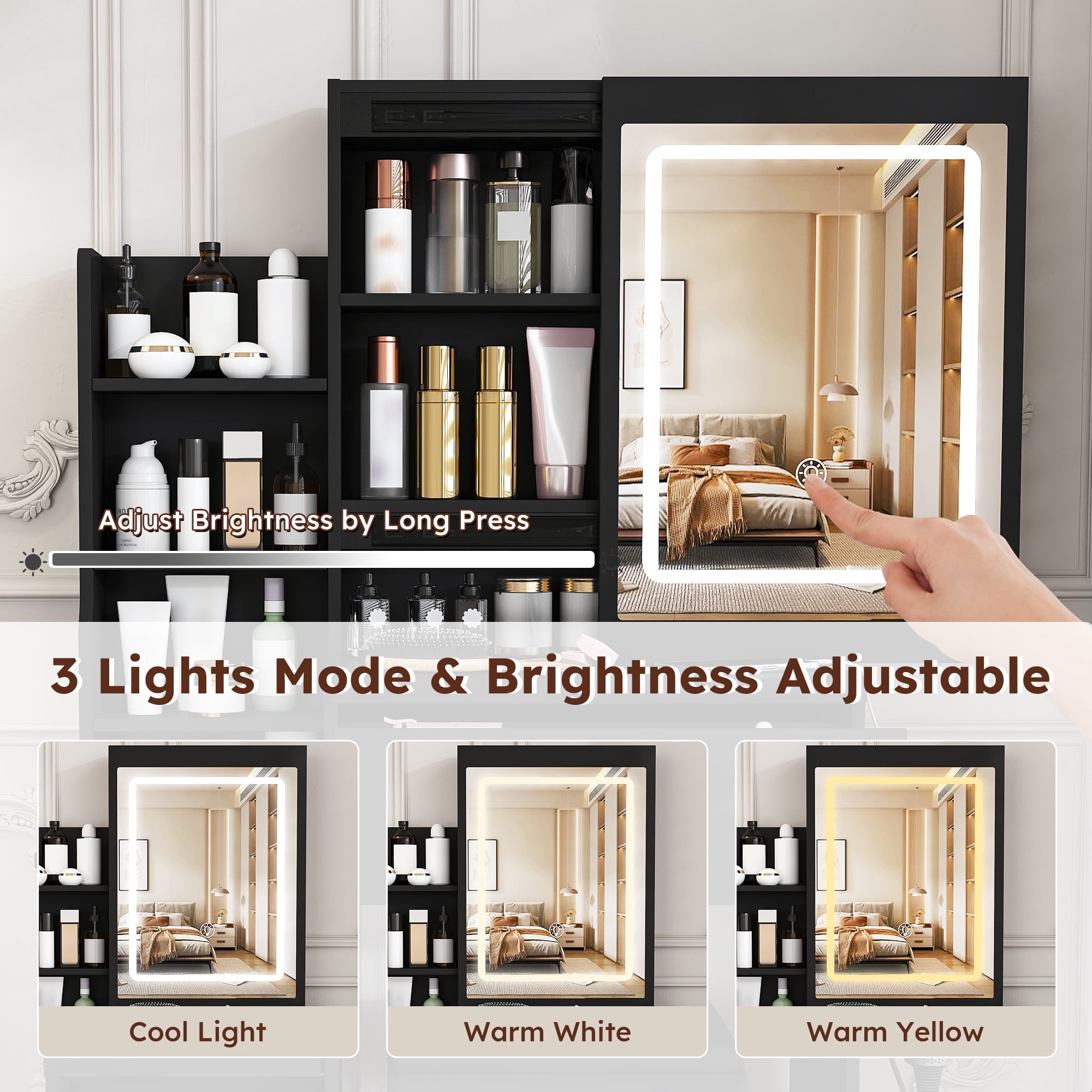 Mintazer Modern Vanity Desk Set with LED Lighted Mirror & Stool, Makeup Vanity with Power Outlet, Hair Dryer Holder, 4 Drawers & Open Shelves, Black