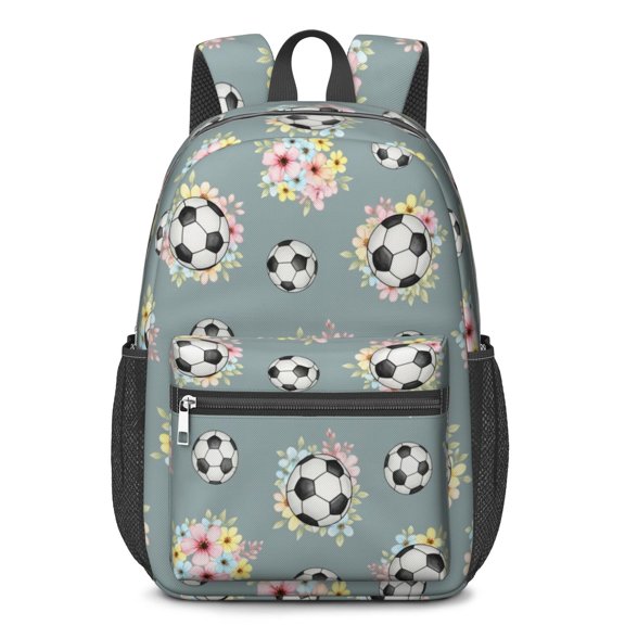 Football and Flower Slateblue Pattern 17" Waterproof Oxford School Backpacks for Teens, S-Shape Padded Straps, for School, Travel, Hiking, Camping
